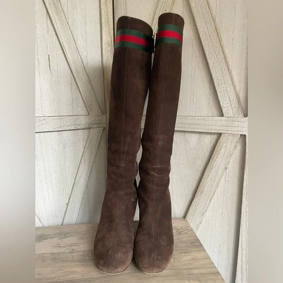 Gucci tall brown suede leather boots with classic web detail size 37 - Picture 3 of 15